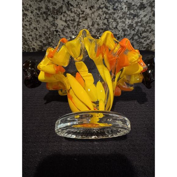 Vintage Bright Glass Mini Basket 6” height with Dark Brown Flowers on Handle - Picture 3 of 11